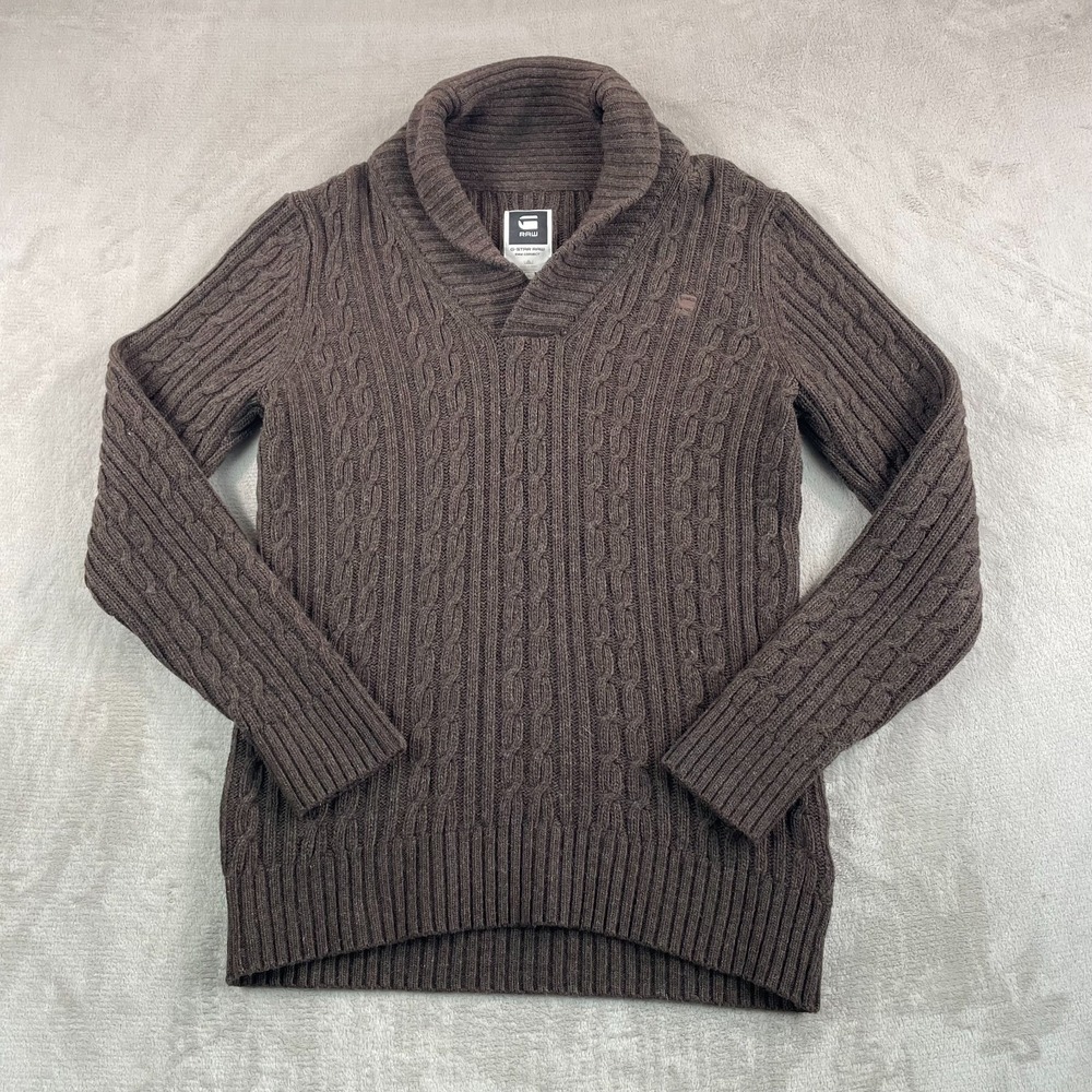 G-STAR Higging Shawl Collar Cable Knit Sweater Men XL Brown Wool Blend Pullover